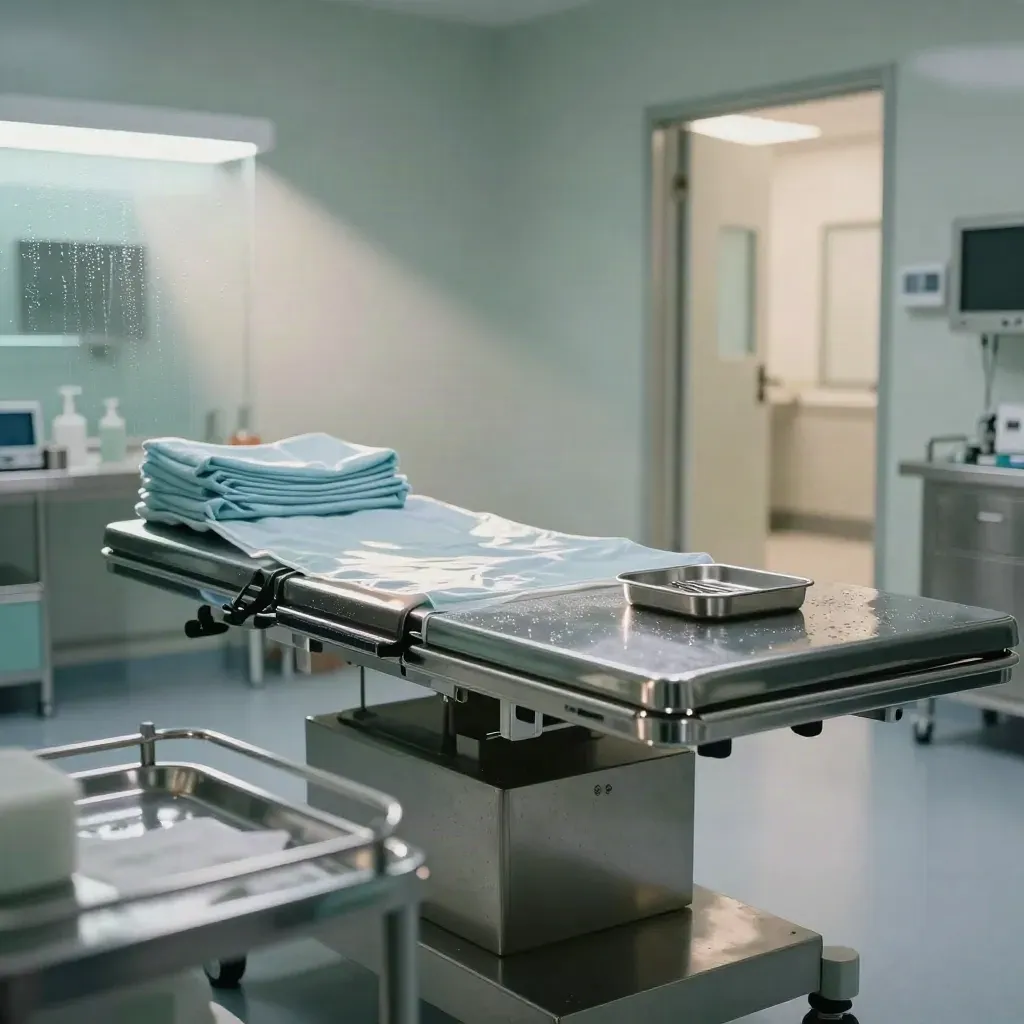 Sala di day surgery bianca con tavolo in acciaio, vassoi sterili e porta socchiusa al corridoio.