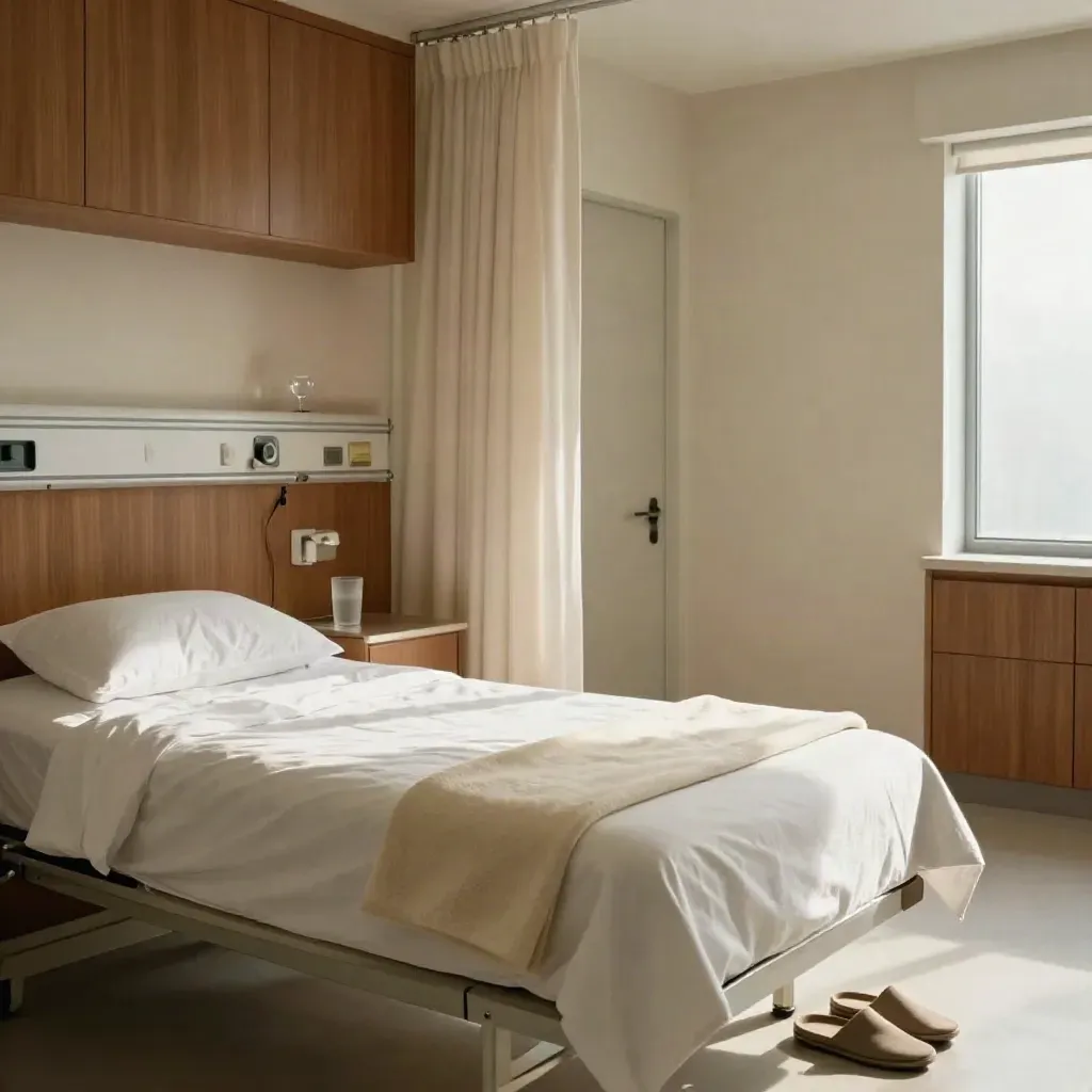 Camera day surgery ordinata con letto rifatto, bicchiere d’acqua e ciabatte accanto al letto.
