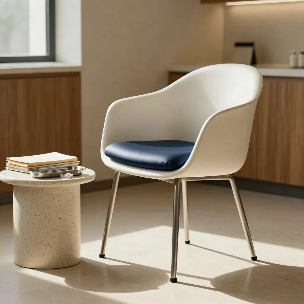 Studio di consulenza chirurgica con sedia bianca, tavolino in pietra e cartelle chiuse.
