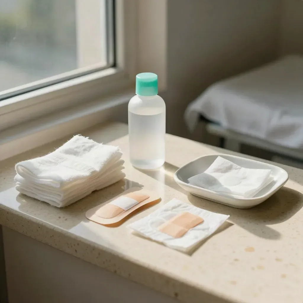 Kit post-operatorio con bende piegate, soluzione, cerotti e vassoio di porcellana in luce morbida