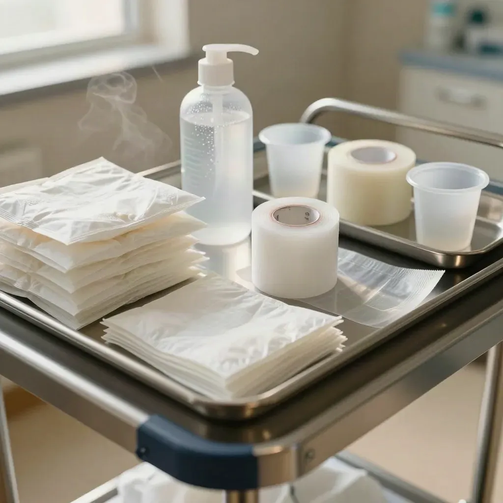 Carrello per medicazioni con garze, soluzione salina e cerotti in una luce clinica morbida.