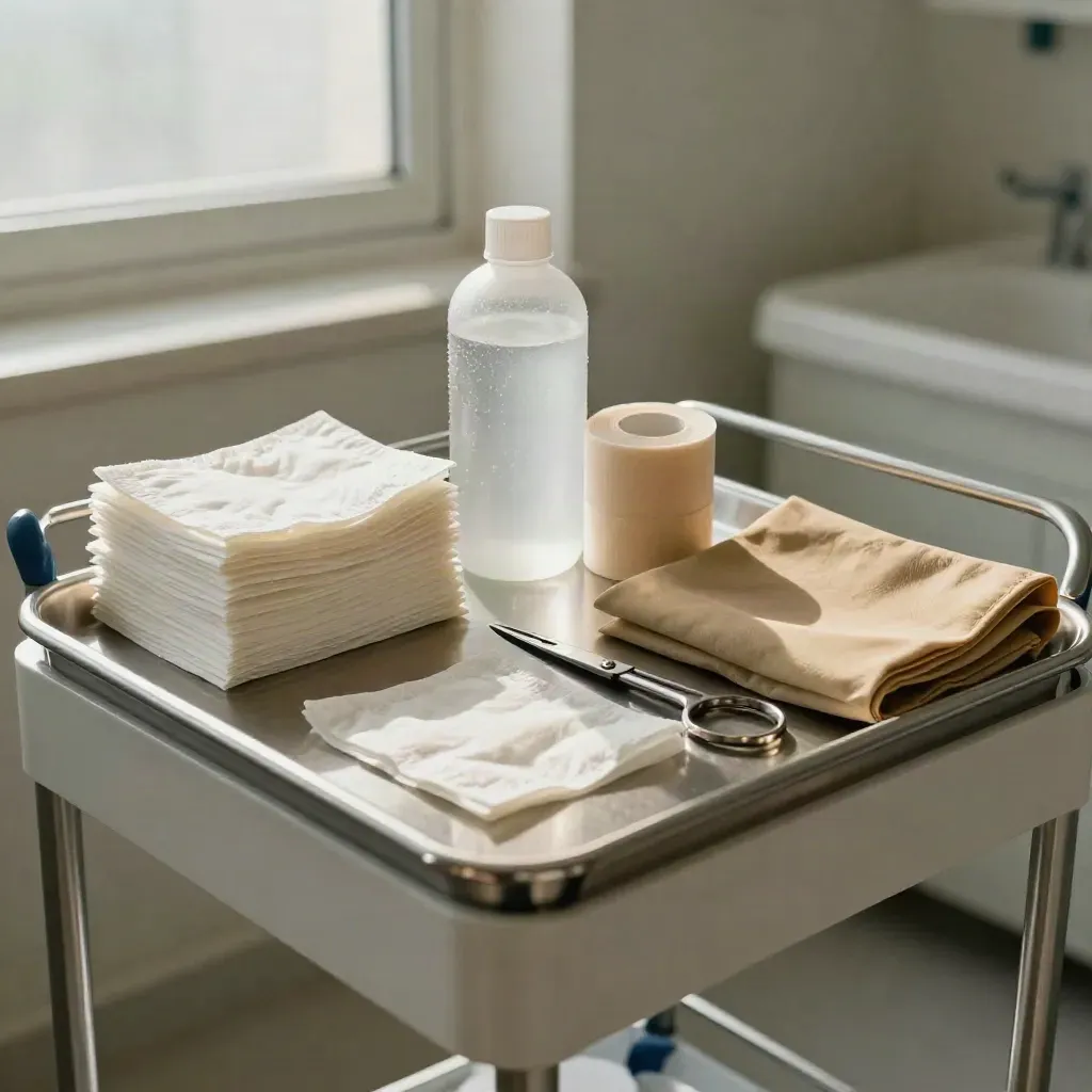 Carrello medicazioni con garze sterili, soluzione salina e forbici in un ambulatorio bianco.