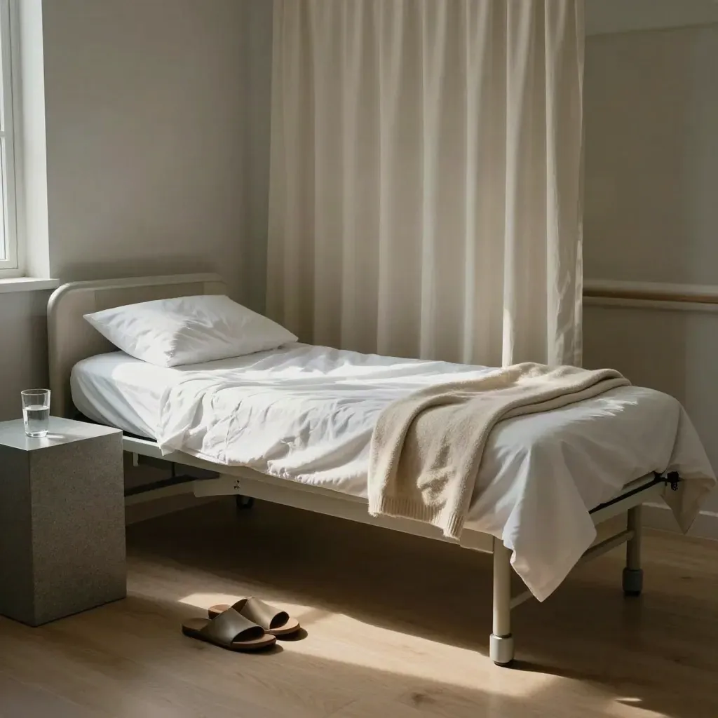 Stanza di recupero day surgery con letto rifatto, tenda chiara, acqua e sandali neutri.