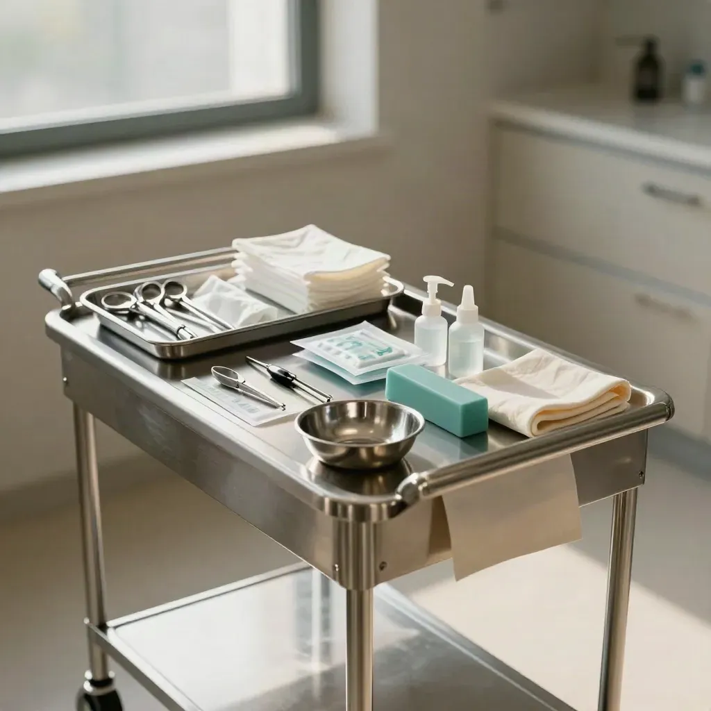 Carrello ambulatoriale con strumenti separati, campioni sigillati e luce lattiginosa in una clinica essenziale.