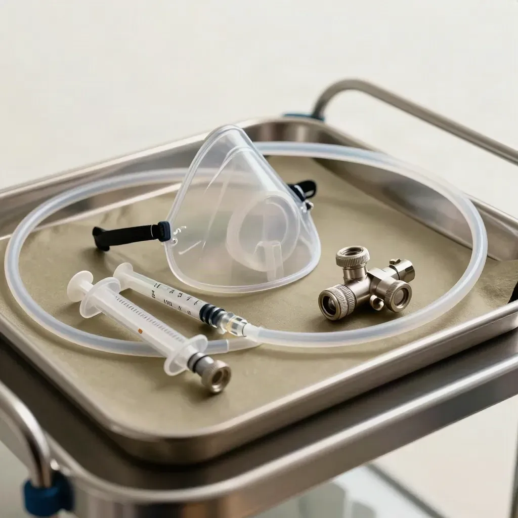 Maschera anestesia, circuito respiratorio e siringhe sigillate su vassoio sterile.