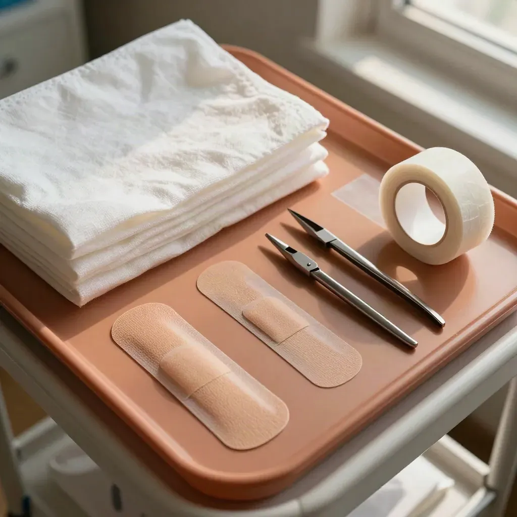 Materiali per medicazione e pinze chirurgiche disposti dall’alto su un piano clinico.
