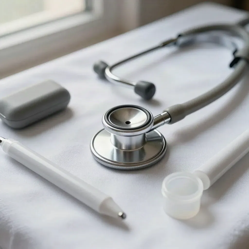 Stetoscopio, saturimetro, penlight e contenitore sterile su lino bianco, luce fredda dall’alto