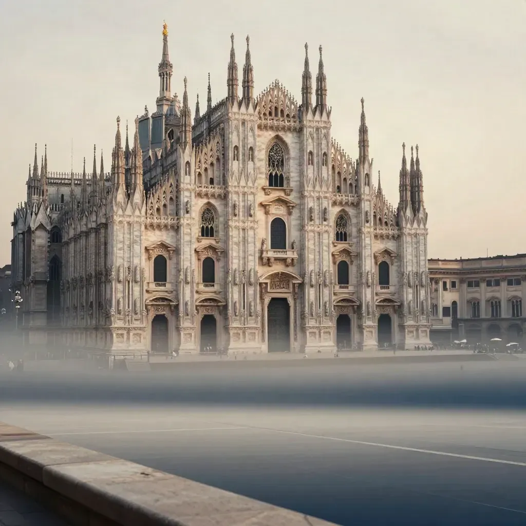 Duomo di Milano alto nel frame con la Lombardia nella foschia calda e la pianura morbida sotto.