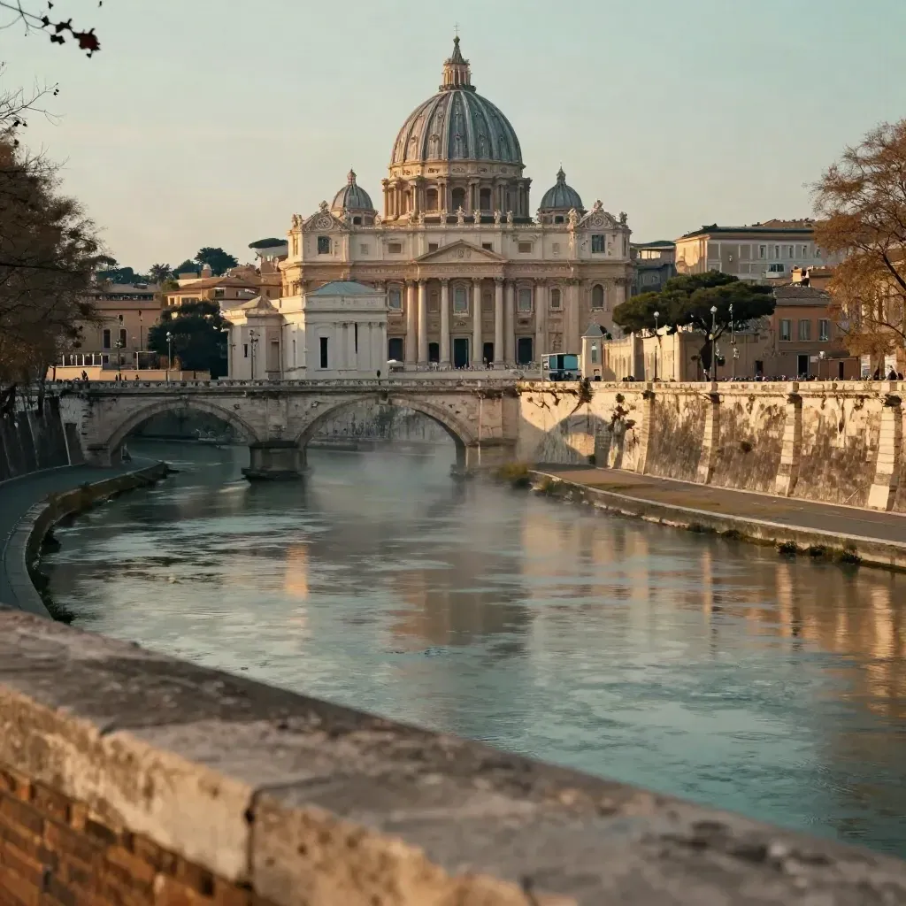 Vista ampia di Roma sul Tevere, cupole alte e fiume calmo nella luce del tardo pomeriggio.