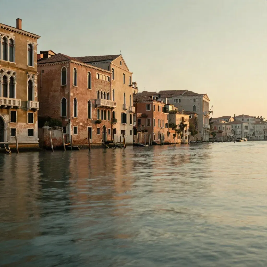 Venezia al tramonto con laguna calma, facciate alte e riflessi dorati.