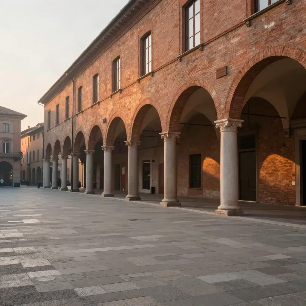 Piazza di Bologna all’alba con i portici e mattoni caldi nella foschia